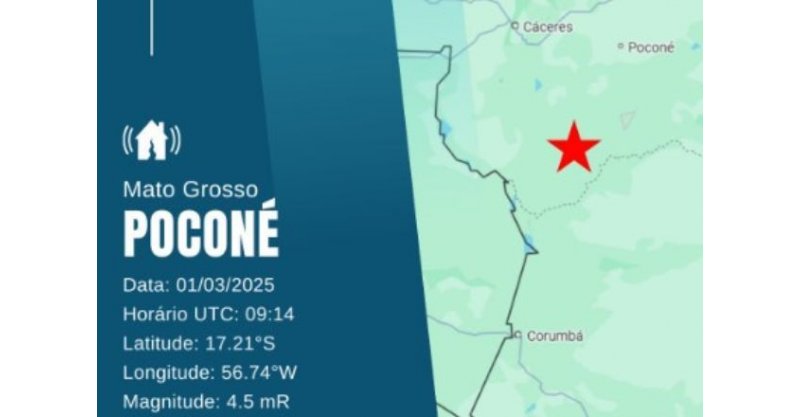 Cidade do Mato Grosso registra terremoto de magnitude 4.5