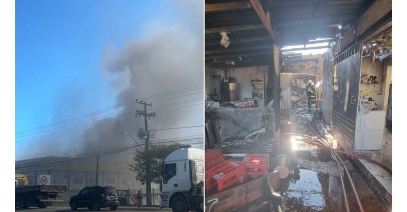 Incêndio com chamas de 8 metros de altura atinge supermercado na BR-280 em Araquari