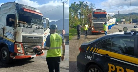 BR-101: motorista é flagrado dirigindo carreta sem para-brisa e vidros laterais