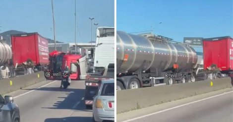 Cabine de carreta é arrancada após engavetamento/vai parar/pista contrária/BR-101 SC/causa/quilométricas/ambos/sentidos
